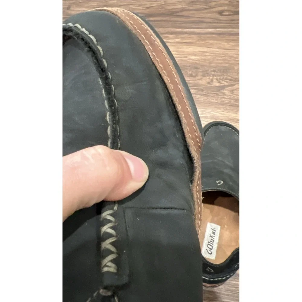 OluKai Moloa Shoes MEN US 9.5/ EU 42.5 Black Leather Slip On Loafers Comfort